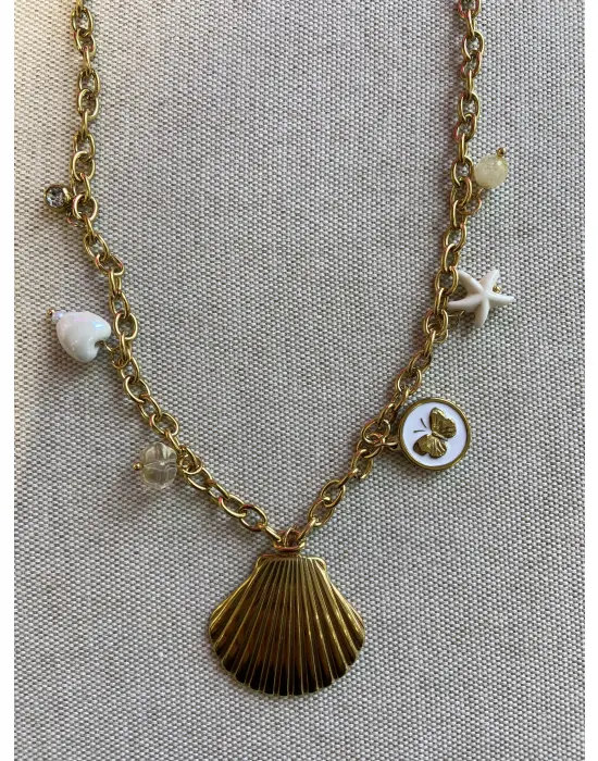 Deniz Kabuklu Midye ve İncili İstiridye Charmlı Altın Kolye
