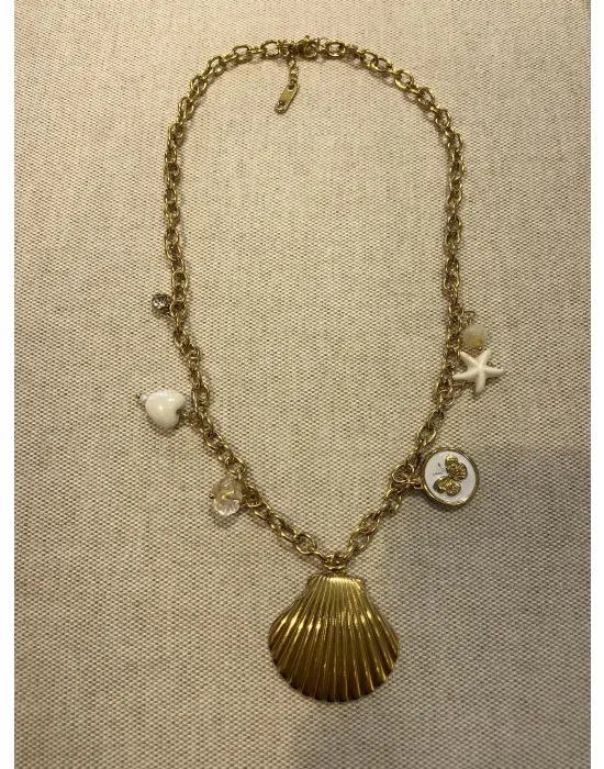 Deniz Kabuklu Midye ve İncili İstiridye Charmlı Altın Kolye