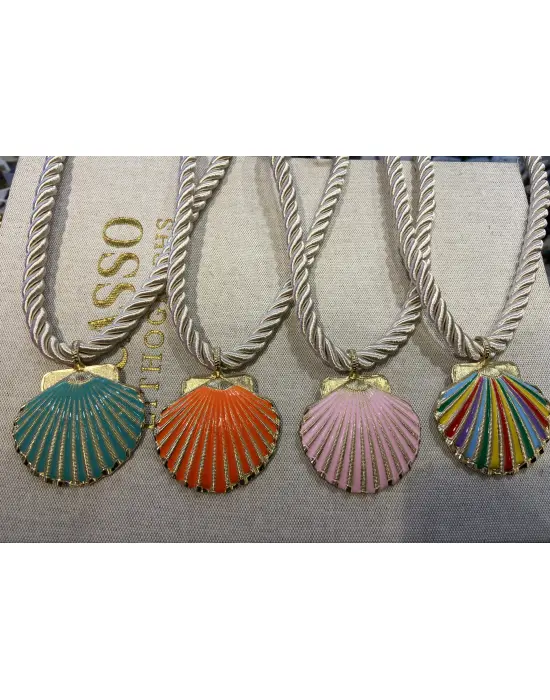 Halat Zincirli Deniz Kabuğu Midye Kolye Kırmızı Pembe Beyaz Yeşil