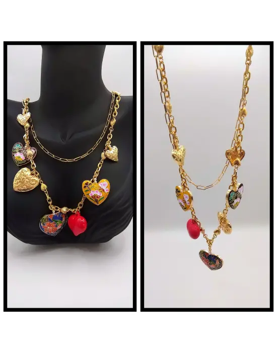 Çoklu Charmlı Kalp Motif Uzun Çelik Kolye Yazlık