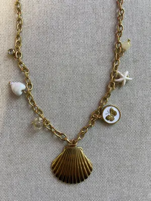 Deniz Kabuklu Midye ve İncili İstiridye Charmlı Altın Kolye