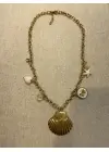 Deniz Kabuklu Midye ve İncili İstiridye Charmlı Altın Kolye
