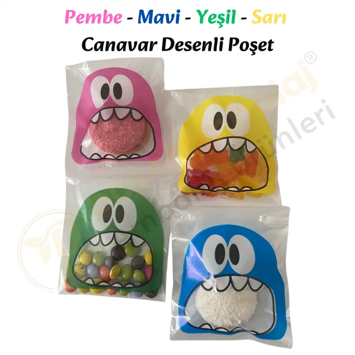100 Adet 4 Renkli Canavar Desenli Cake Pop & Kurabiye Poşeti - 10x15 cm