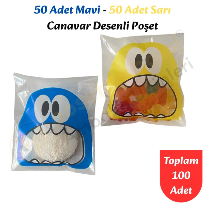 100 Adet Mavi-Sarı Renkli Canavar Desenli Cake Pop & Kurabiye Poşeti-10x15 cm