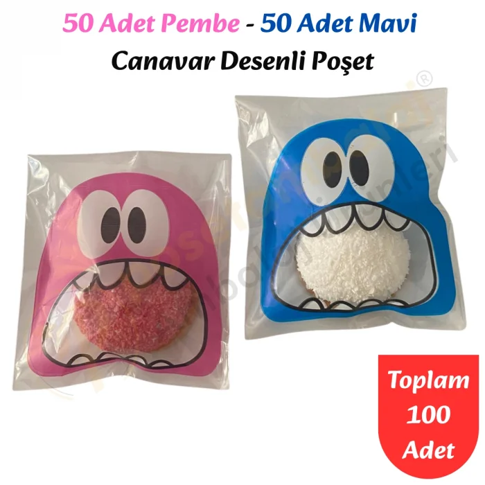 100 Adet Pembe-Mavi Renkli Canavar Desenli Cake Pop & Kurabiye Poşeti-10x15 cm