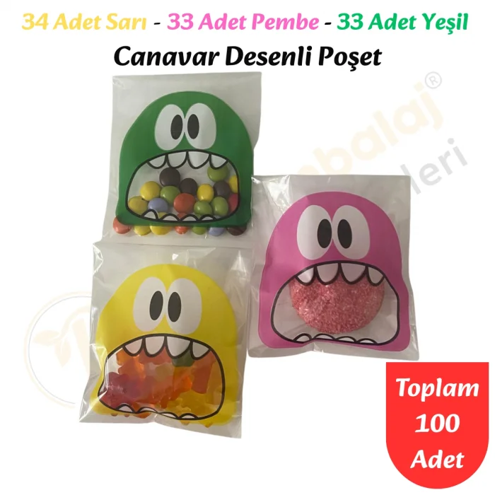 100 Adet Sarı-Pembe-Yeşil Renkli Canavar Desenli Cake Pop & Kurabiye Poşeti-10x15 cm