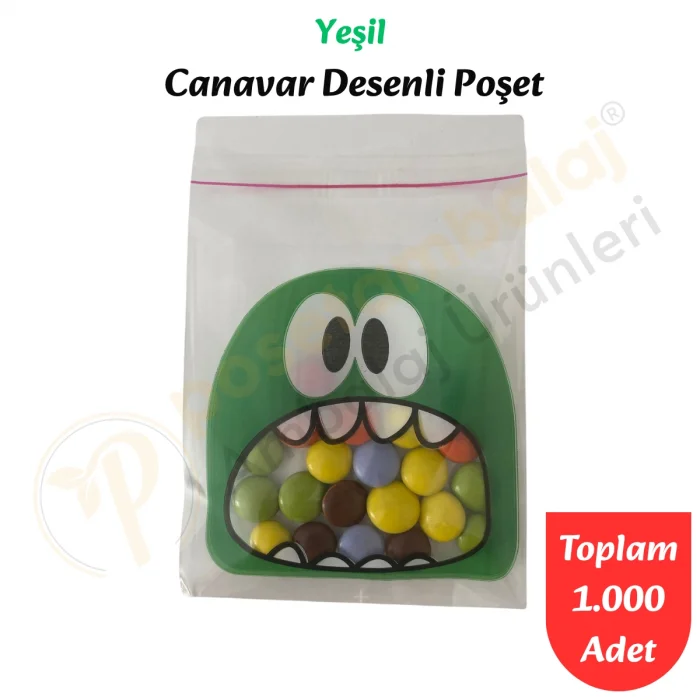 1.000 Adet Yeşil Canavar Desenli Cake Pop & Kurabiye Poşeti-10x15 cm