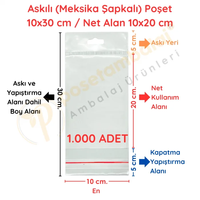 10x30 cm (Kapalı Hali 10x20 cm) 1.000 Adet OPP Askılı Meksika Şapkalı Poşet
