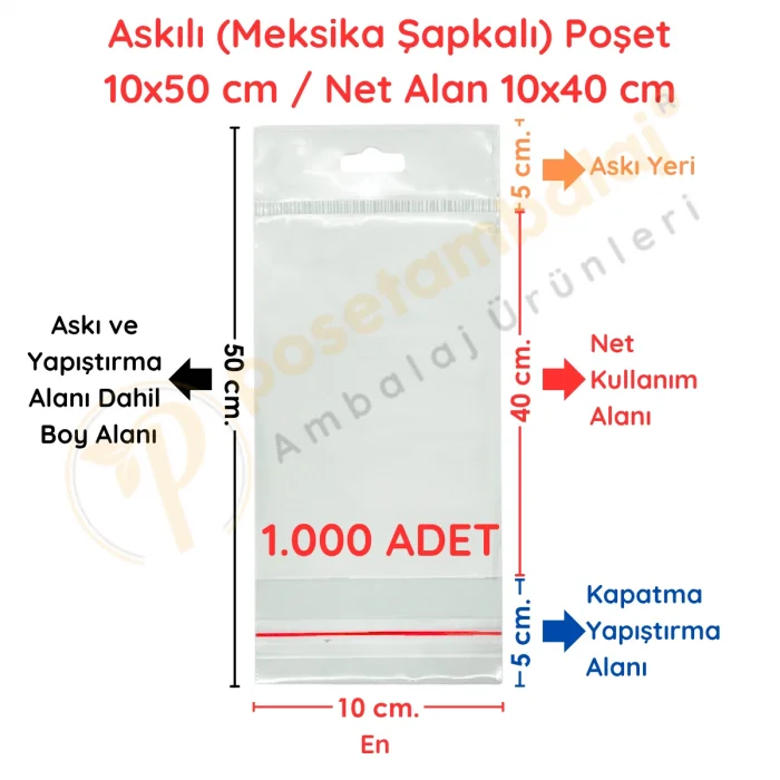 10x50 cm (Kapalı Hali 10x40 cm) 1.000 Adet OPP Askılı Meksika Şapkalı Poşet