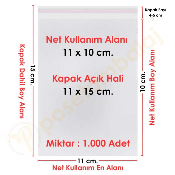 11x10+5 cm.(11x15) 1.000 Adet Şeffaf Bantlı Yapışkanlı OPP Poşet