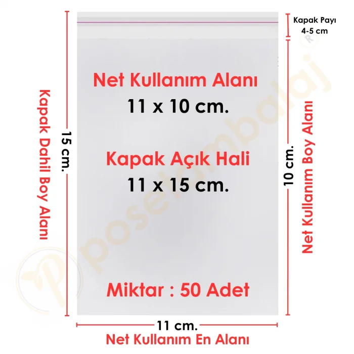 11x10+5 cm.(11x15) 50 Adet Şeffaf Bantlı Yapışkanlı OPP Poşet