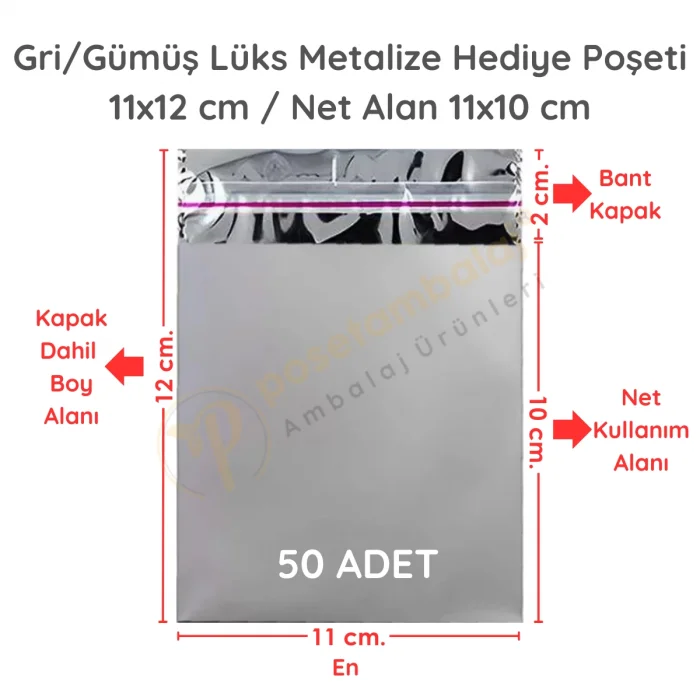 11x12 cm Gümüş Renk Bantlı Lüks Metalize Hediyelik Poşet (50 Adet)