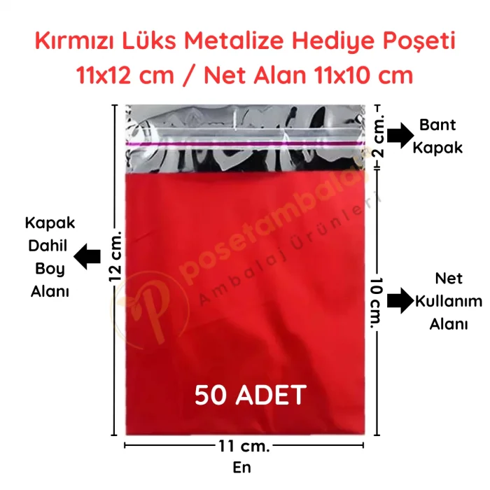 11x12 cm Kırmızı Renk Bantlı Lüks Metalize Hediyelik Poşet (50 Adet)