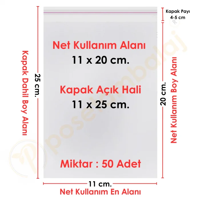 11x20+5 cm.(11x25) 50 Adet Şeffaf Bantlı Yapışkanlı OPP Poşet