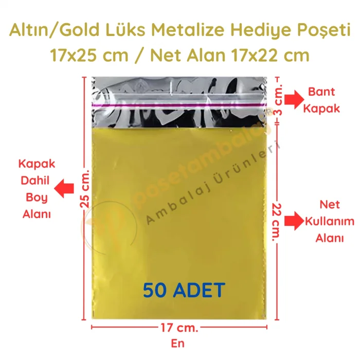 17x25 cm Altın Renk Bantlı Lüks Metalize Hediyelik Poşet (50 Adet)