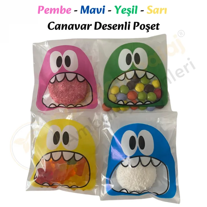 250 Adet 4 Renkli Canavar Desenli Cake Pop & Kurabiye Poşeti - 10x15 cm