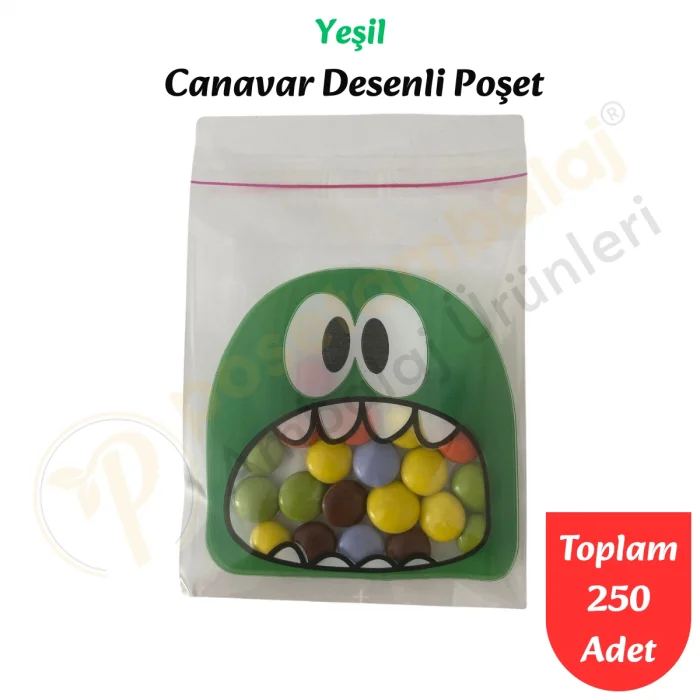 250 Adet Yeşil Canavar Desenli Cake Pop & Kurabiye Poşeti-10x15 cm
