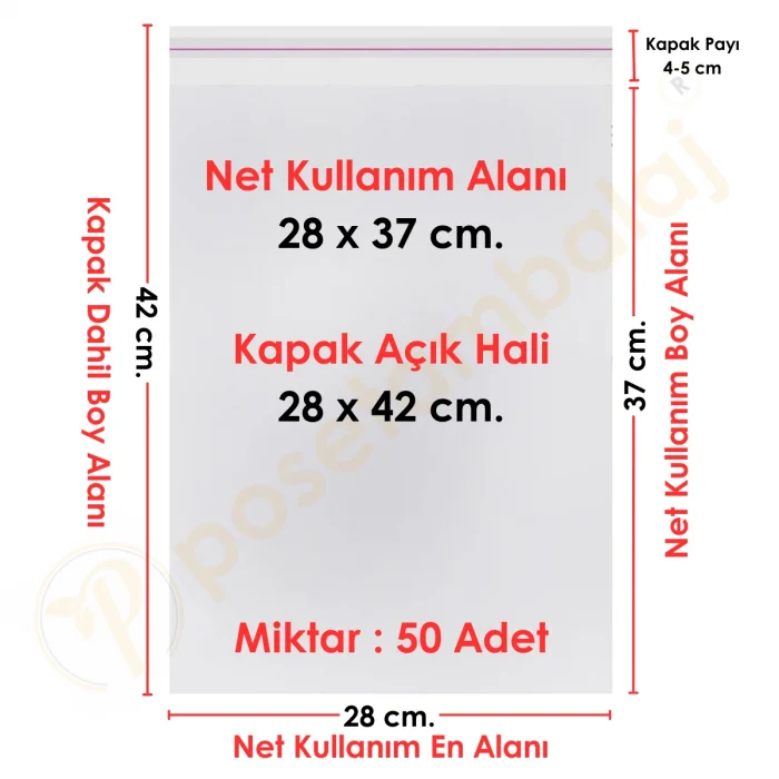 28x37+5 cm.(28x42) 50 Adet Şeffaf Bantlı Yapışkanlı Jelatin Poşet
