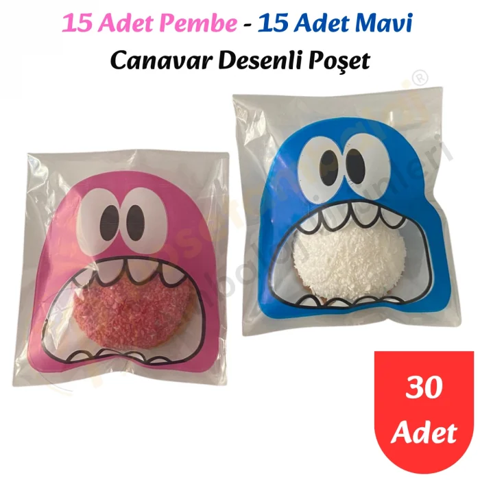 30 Adet Pembe-Mavi Renkli Canavar Desenli Cake Pop & Kurabiye Poşeti-10x15 cm