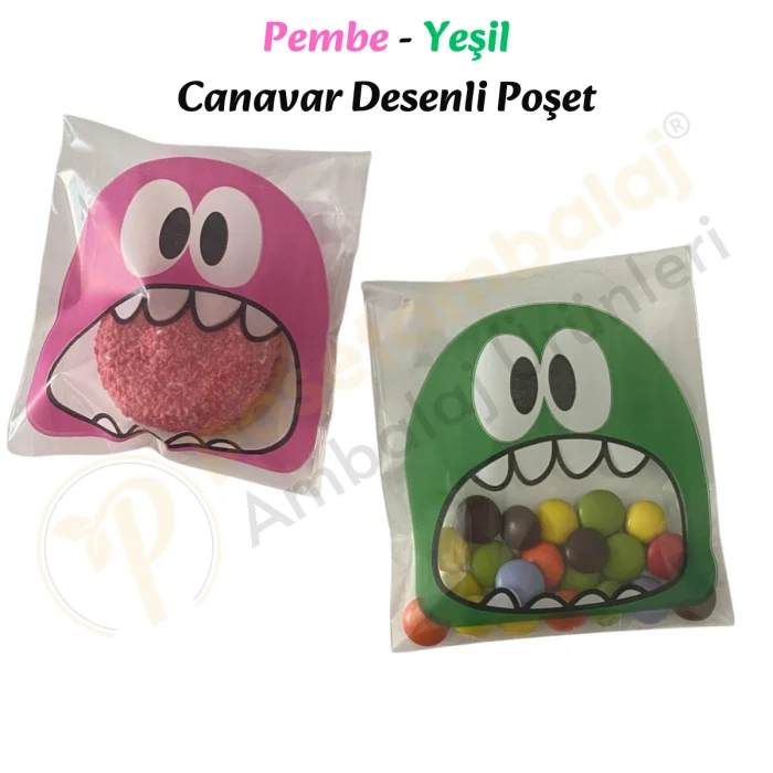 100 Adet Pembe-Yeşil Renkli Canavar Desenli Cake Pop & Kurabiye Poşeti-10x15 cm