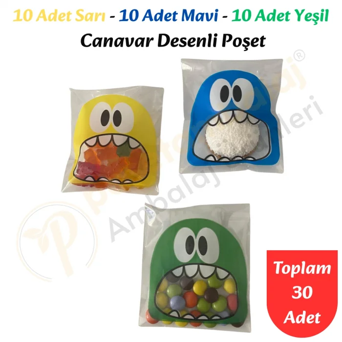30 Adet Sarı-Mavi-Yeşil Renkli Canavar Desenli Cake Pop & Kurabiye Poşeti-10x15 cm
