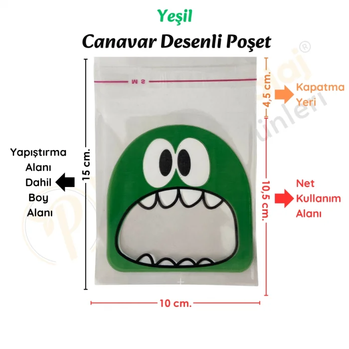 30 Adet Sarı-Pembe-Yeşil Renkli Canavar Desenli Cake Pop & Kurabiye Poşeti-10x15 cm