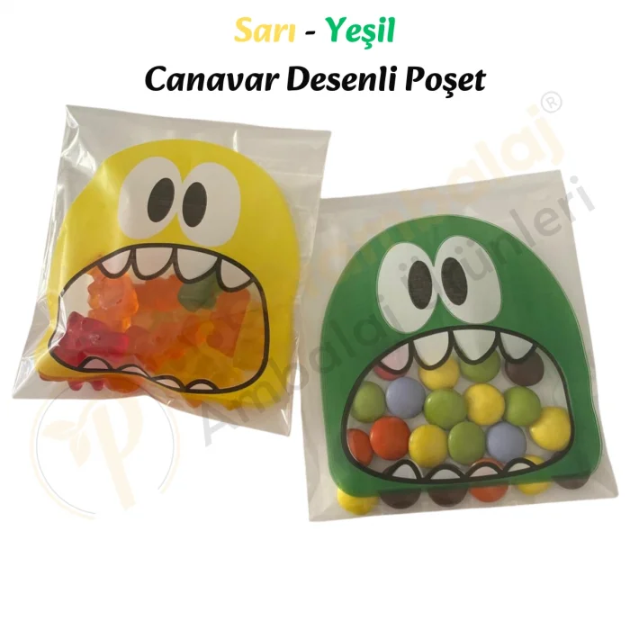 100 Adet Sarı-Yeşil Renkli Canavar Desenli Cake Pop & Kurabiye Poşeti-10x15 cm