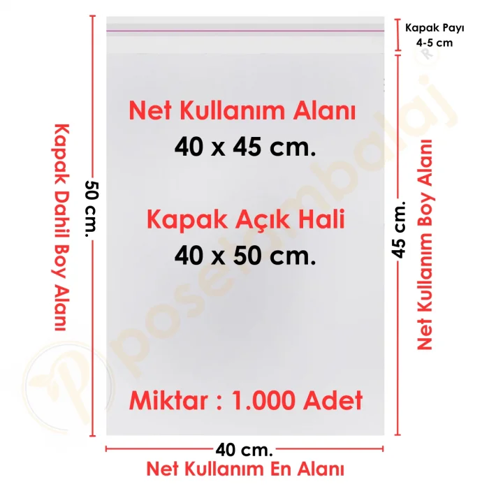 40x45+5 cm.(40x50) 1.000 Adet Şeffaf Bantlı Yapışkanlı Jelatin Poşet