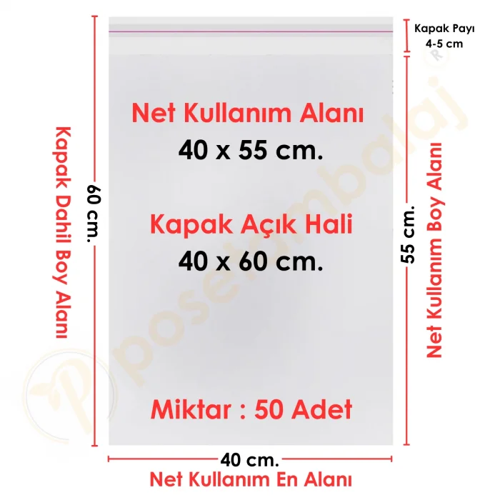 40x55+5 cm.(40x60) 50 Adet Şeffaf Bantlı Yapışkanlı Jelatin Poşet