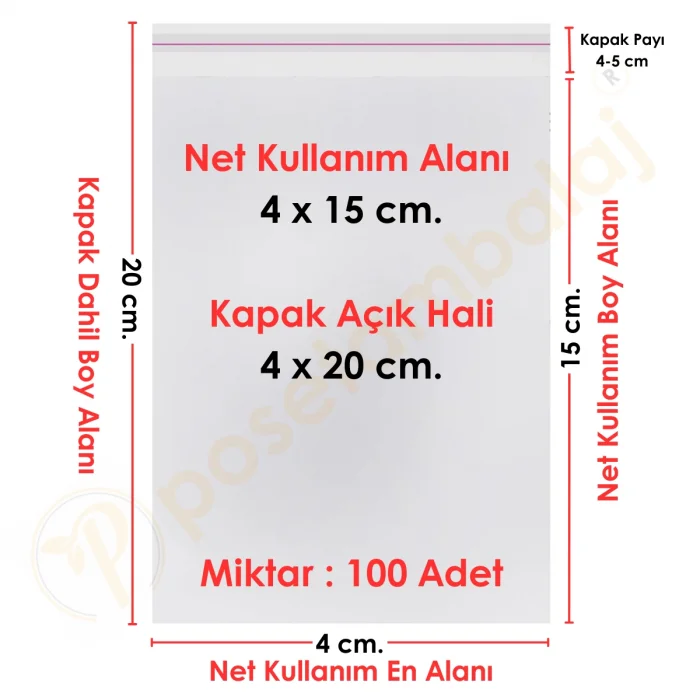 4x15+5 cm.(4x20) 100 Adet Şeffaf Bantlı Yapışkanlı OPP Poşet