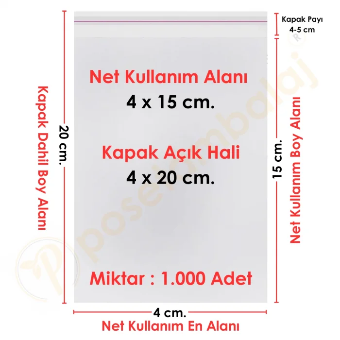 4x15+5 cm.(4x20) 1.000 Adet Şeffaf Bantlı Yapışkanlı OPP Poşet