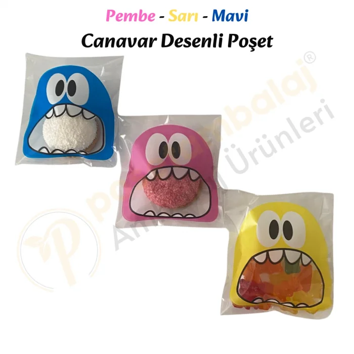 100 Adet Pembe-Sarı-Mavi Renkli Canavar Desenli Cake Pop & Kurabiye Poşeti-10x15 cm