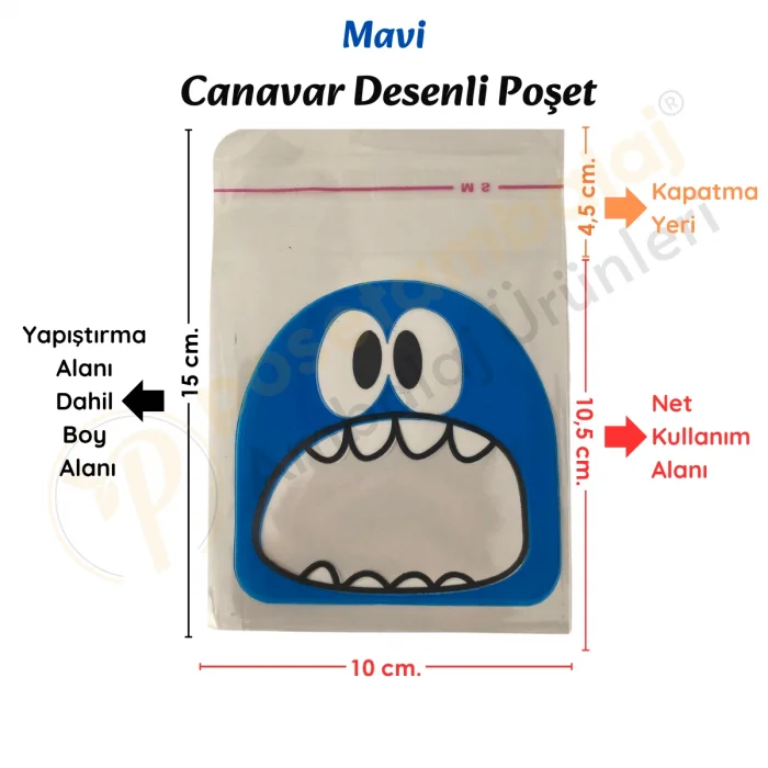 100 Adet Pembe-Sarı-Mavi Renkli Canavar Desenli Cake Pop & Kurabiye Poşeti-10x15 cm