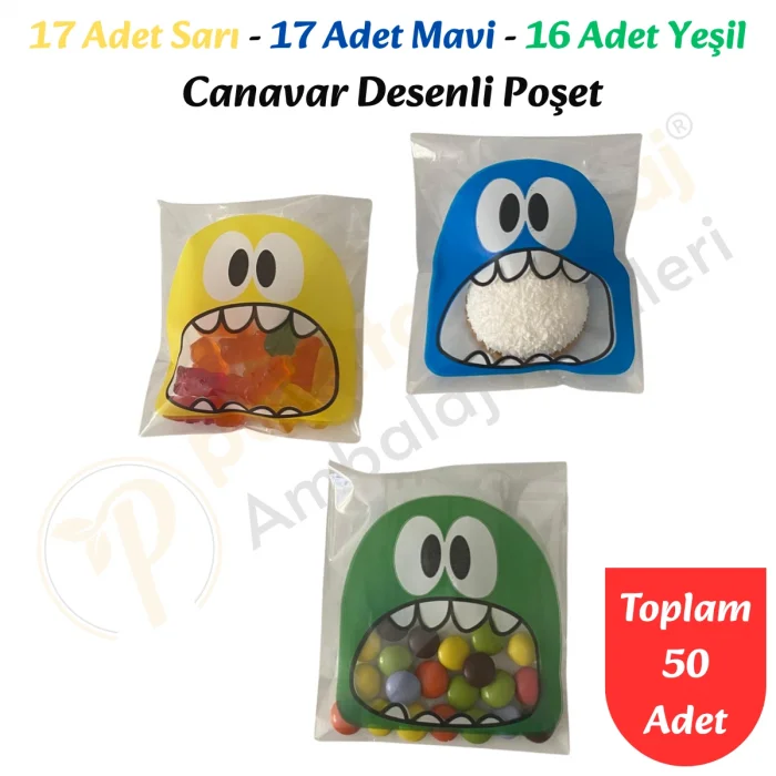 50 Adet Sarı-Mavi-Yeşil Renkli Canavar Desenli Cake Pop & Kurabiye Poşeti-10x15 cm