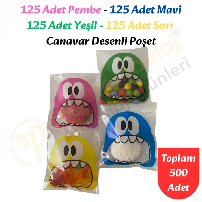 500 Adet 4 Renkli Canavar Desenli Cake Pop & Kurabiye Poşeti - 10x15 cm