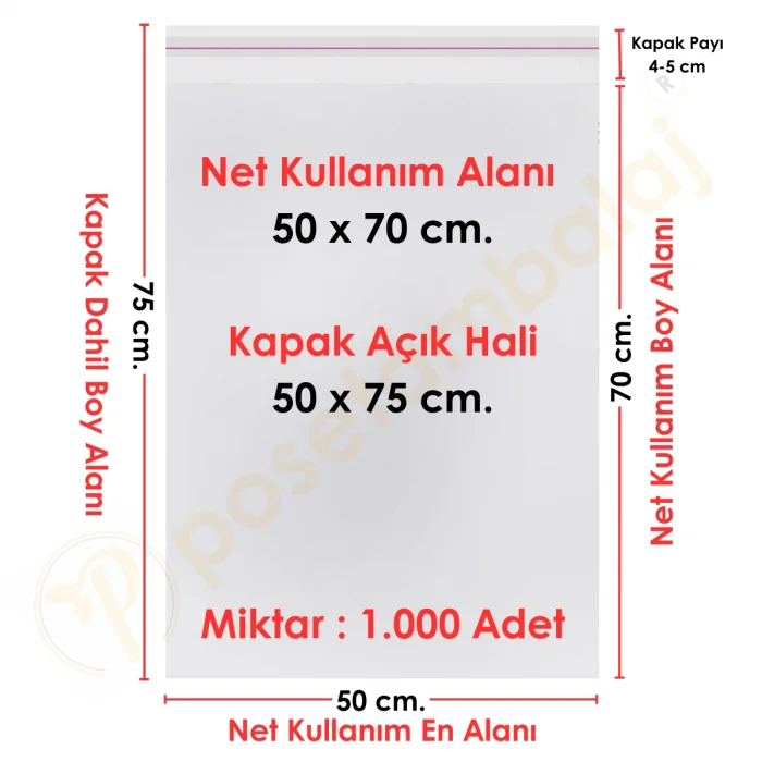 50x70+5 cm.(50x75) 1.000 Adet Şeffaf Bantlı Yapışkanlı Jelatin Poşet