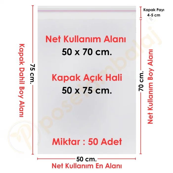 50x70+5 cm.(50x75) 50 Adet Şeffaf Bantlı Yapışkanlı Jelatin Poşet