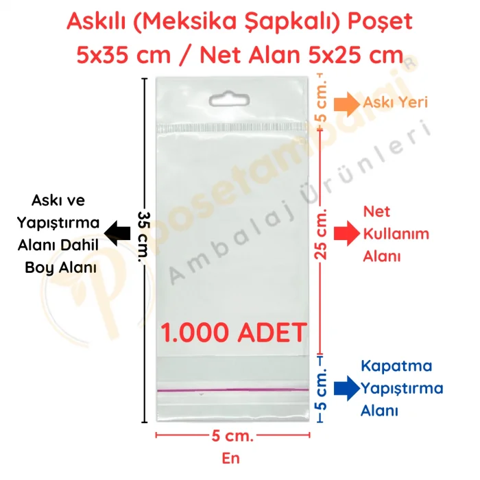 5x35 cm (Kapalı Hali 5x25 cm) 1.000 Adet OPP Askılı Meksika Şapkalı Poşet