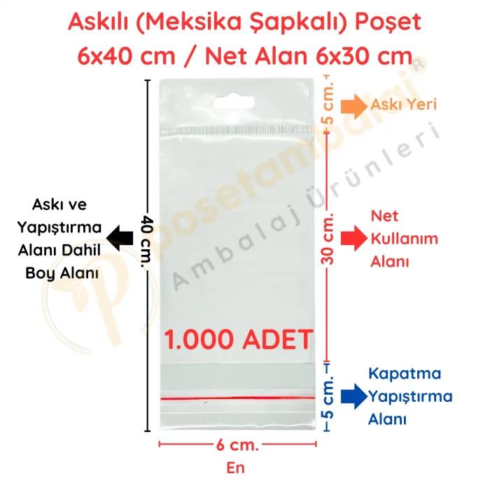 6x40 cm (Kapalı Hali 6x30 cm) 1.000 Adet OPP Askılı Meksika Şapkalı Poşet