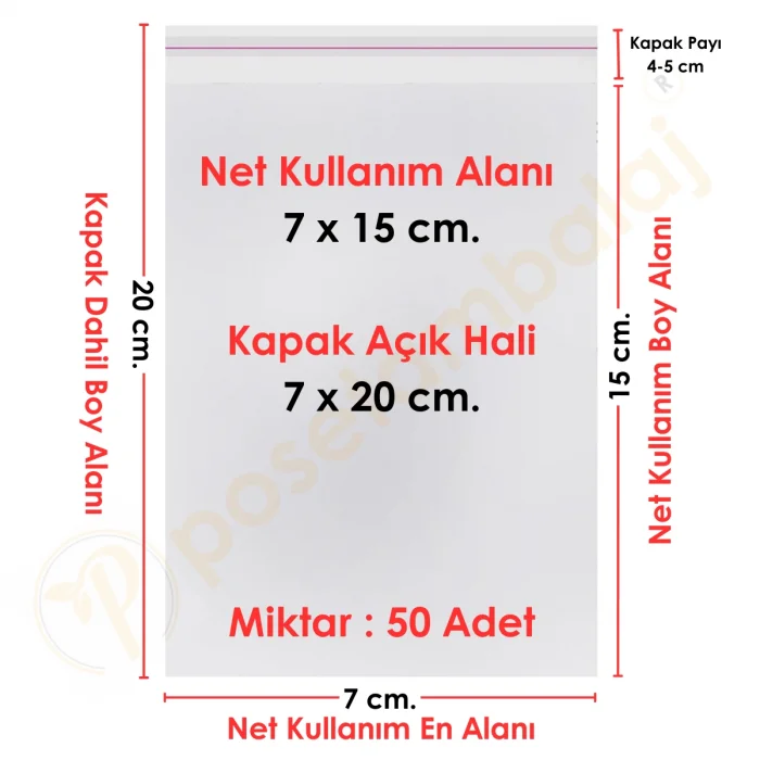 7x15+5 cm.(7x20) 50 Adet Şeffaf Bantlı Yapışkanlı OPP Poşet