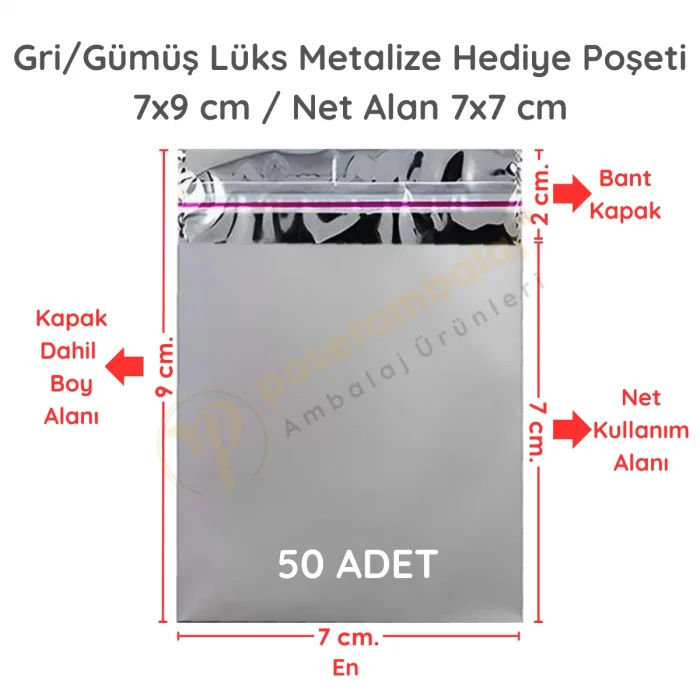 7x9 cm Gümüş Renk Bantlı Lüks Metalize Hediyelik Poşet (50 Adet)