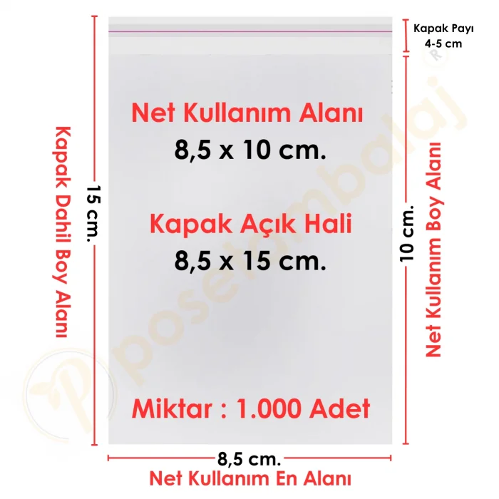 8,5x10+5 cm.(8,5x15) 1.000 Adet Şeffaf Bantlı Yapışkanlı OPP Poşet