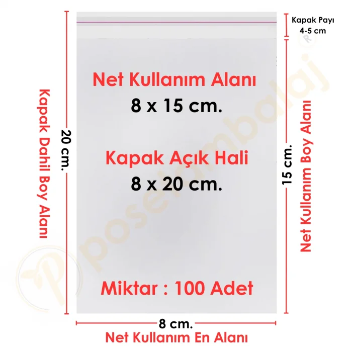 8x15+5 cm.(8x20) 100 Adet Şeffaf Bantlı Yapışkanlı OPP Poşet