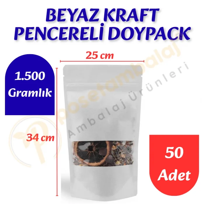 Beyaz Kraft Pencereli Doypack 25x34x12 cm (50 Adet)