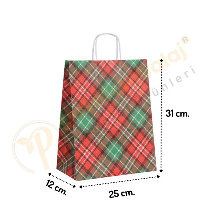 Ekose Desen Kraft Çanta Orta Boy 25x12x31 cm 25 Adet