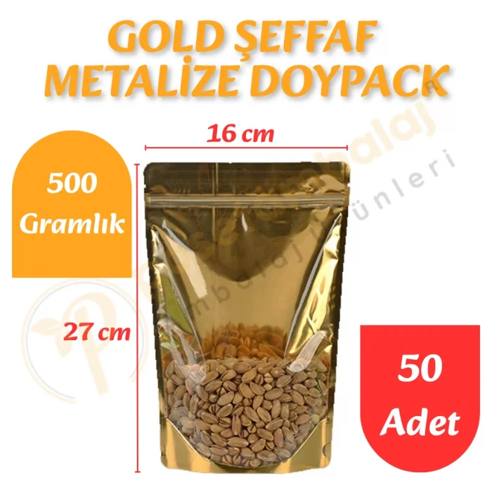 Gold Şeffaf Metalize Doypack 16x27x8 cm (50 Adet)