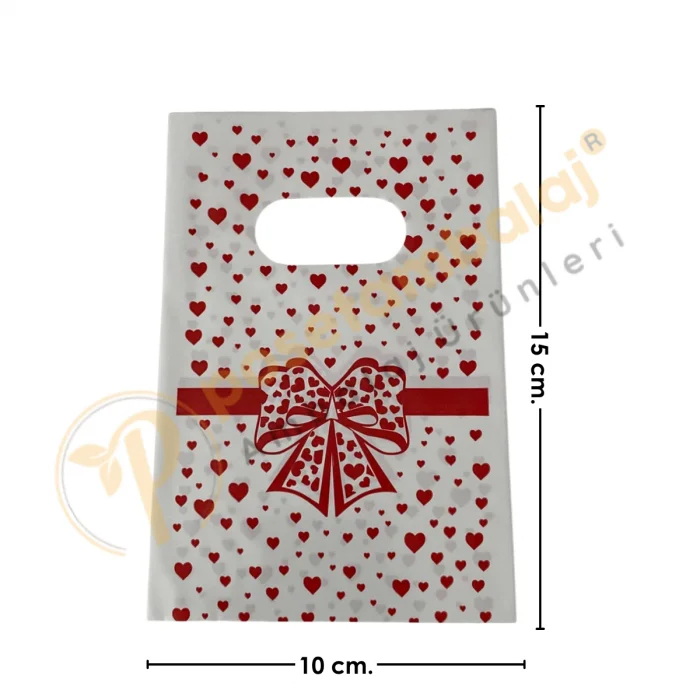 Kırmızı Fiyonk & Kalp Desenli Hediyelik Poşet 10x15 cm