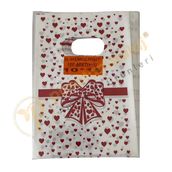 Kırmızı Fiyonk & Kalp Desenli Hediyelik Poşet 10x15 cm