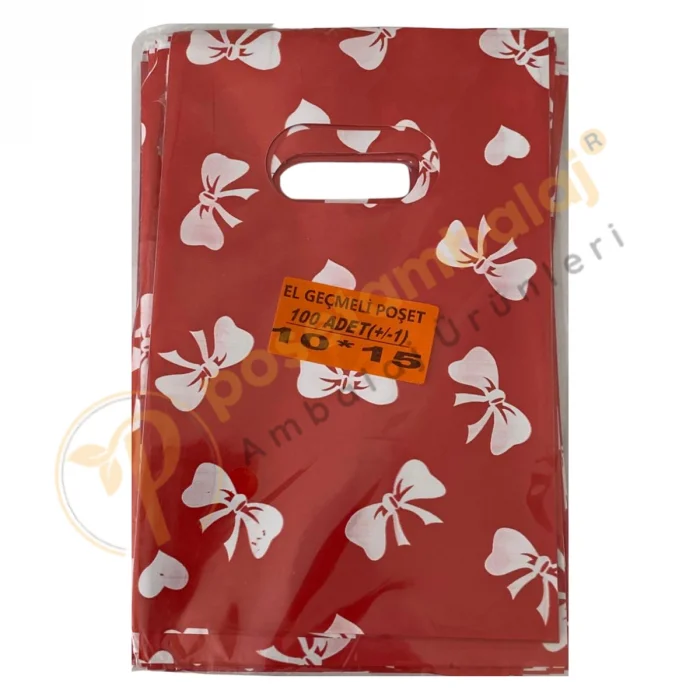 Kırmızı Kurdela Desenli Hediyelik Poşet 10x15 cm
