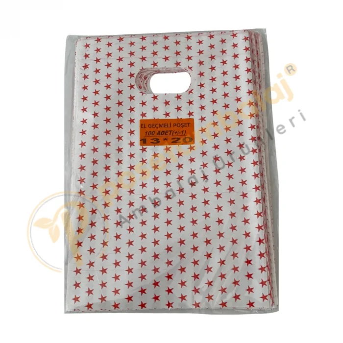 Kırmızı Yıldız Desenli Hediyelik Poşet 13x20 cm